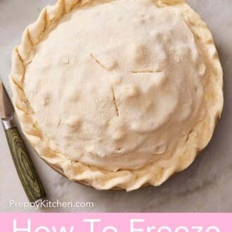 Pinterest graphic showing an overhead shot of an unbaked double crust pie on a counter.