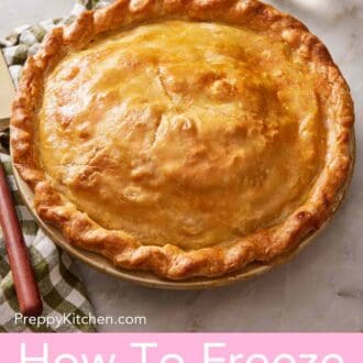 Pinterest graphic showing a baked pie on a counter with a checkered linen next to it.