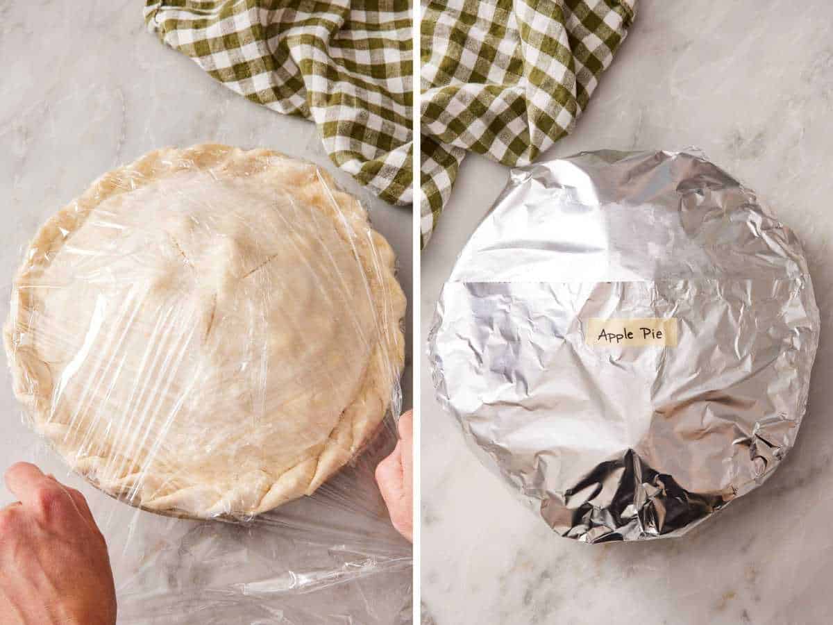 Set of two images showing how to freeze a pie with plastic wrap and then aluminum foil.