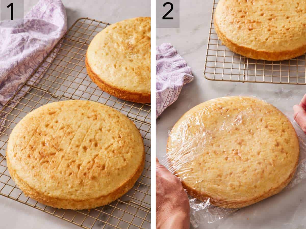 Set of two images showing cake layers on a wire rack, and one layer being wrapped in plastic wrap.