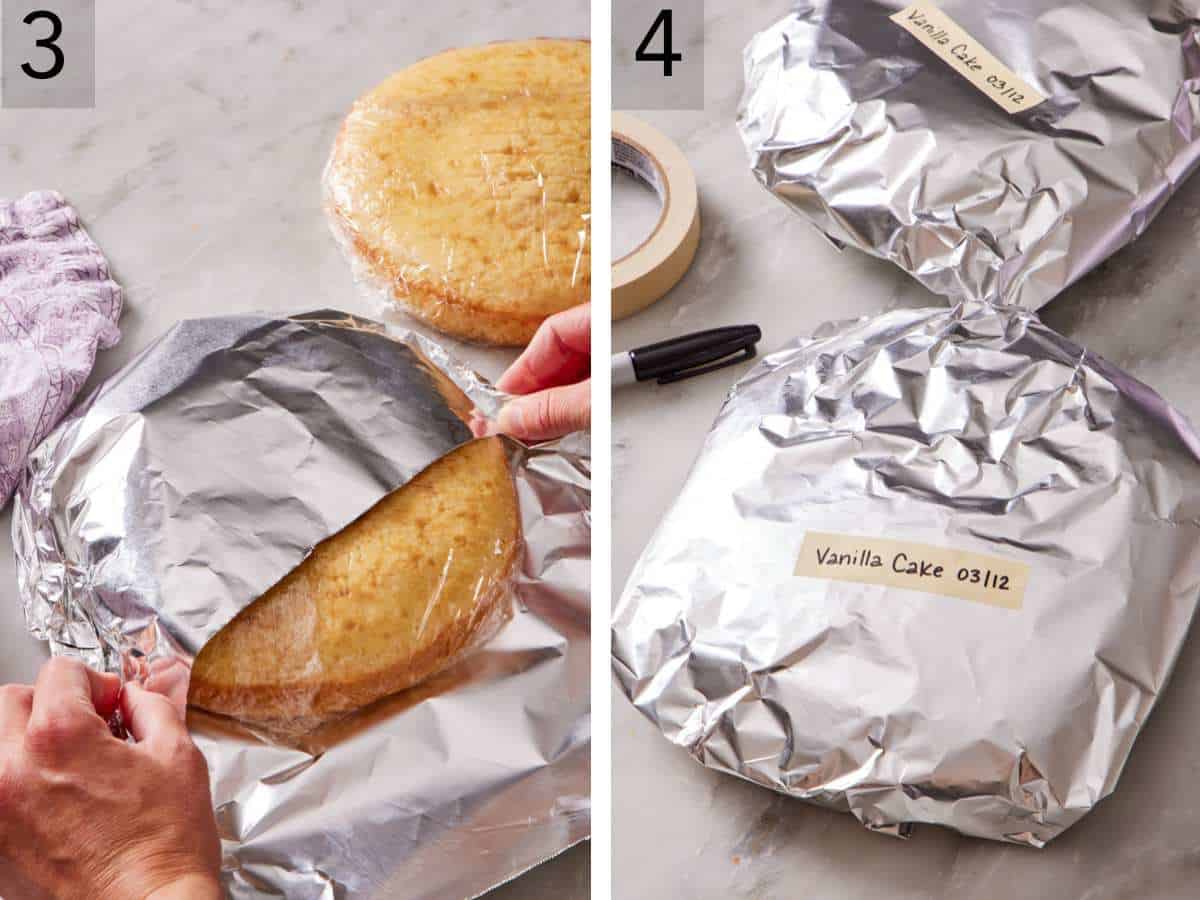 Set of two images showing a cake layer being wrapped in foil, and the wrapped cake layers with labels.