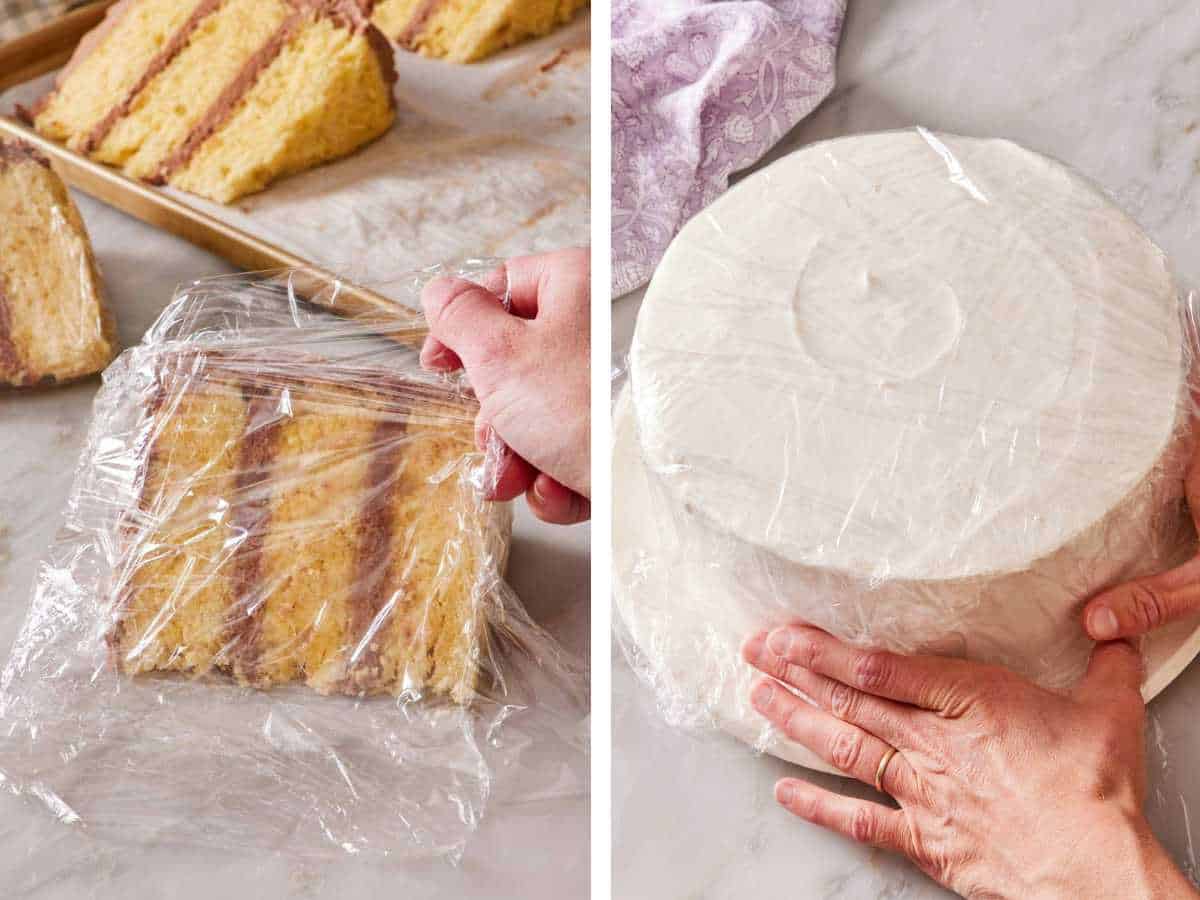 Two images showing a cake slice and a whole cake wrapped in plastic wrap to be frozen.