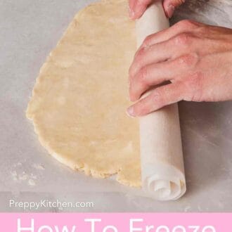 Pinterest graphic showing rolled out pie crust dough rolled with parchment paper to prepare for freezing.