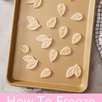 Pinterest graphic showing decorative pie crust cutouts on a rimmed baking sheet.