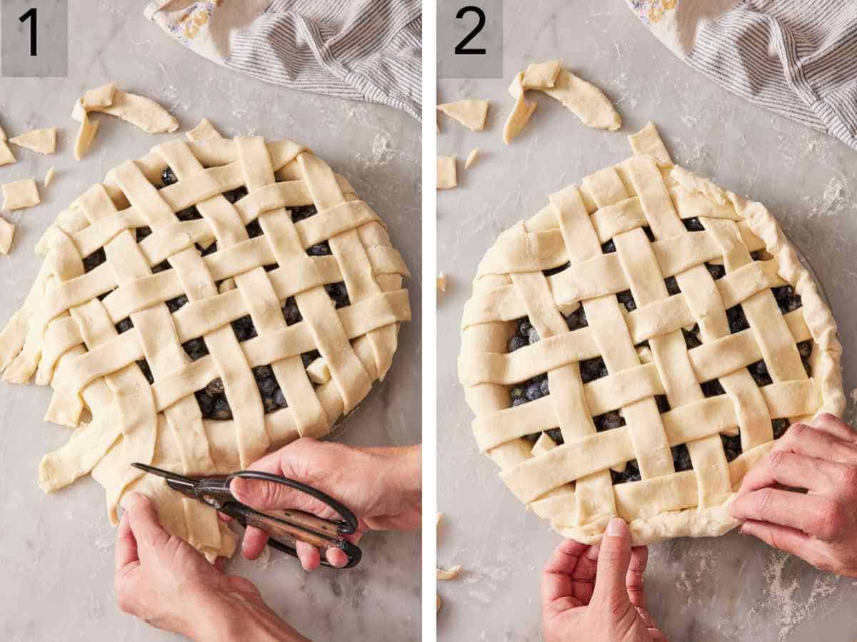 Set of two images showing pie dough edges trimmed and folded over.