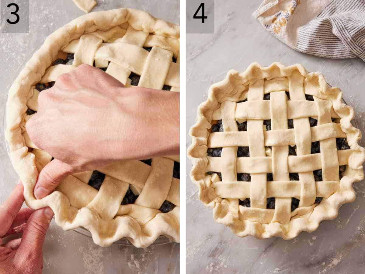 Set of two images showing the edge of the pie crimped, and the prepared unbaked pie with a lattice top on a counter.