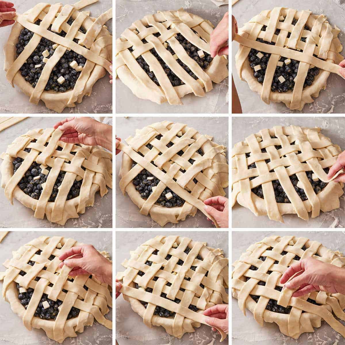 A grid of nine images showing how to lattice pie crust.