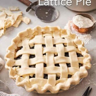 Pinterest graphic showing an unbaked pie with a lattice top with various baking tools surrounding it.