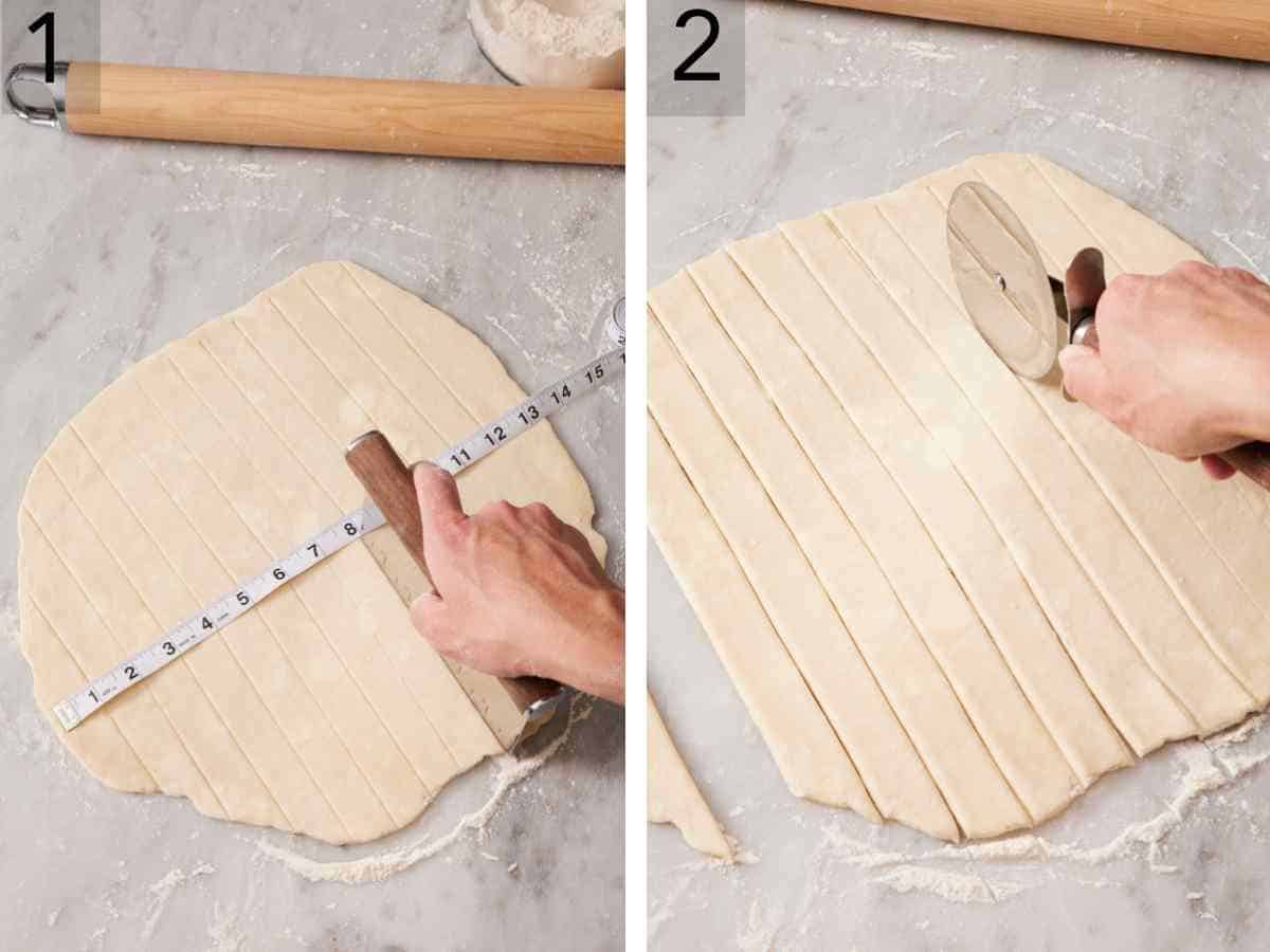 Set of two images showing pie dough measured, scored, and cut into strips with a pizza cutter.