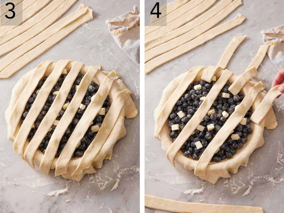 Set of two images showing strips of pie dough placed on the pie, and every other strip folded back.