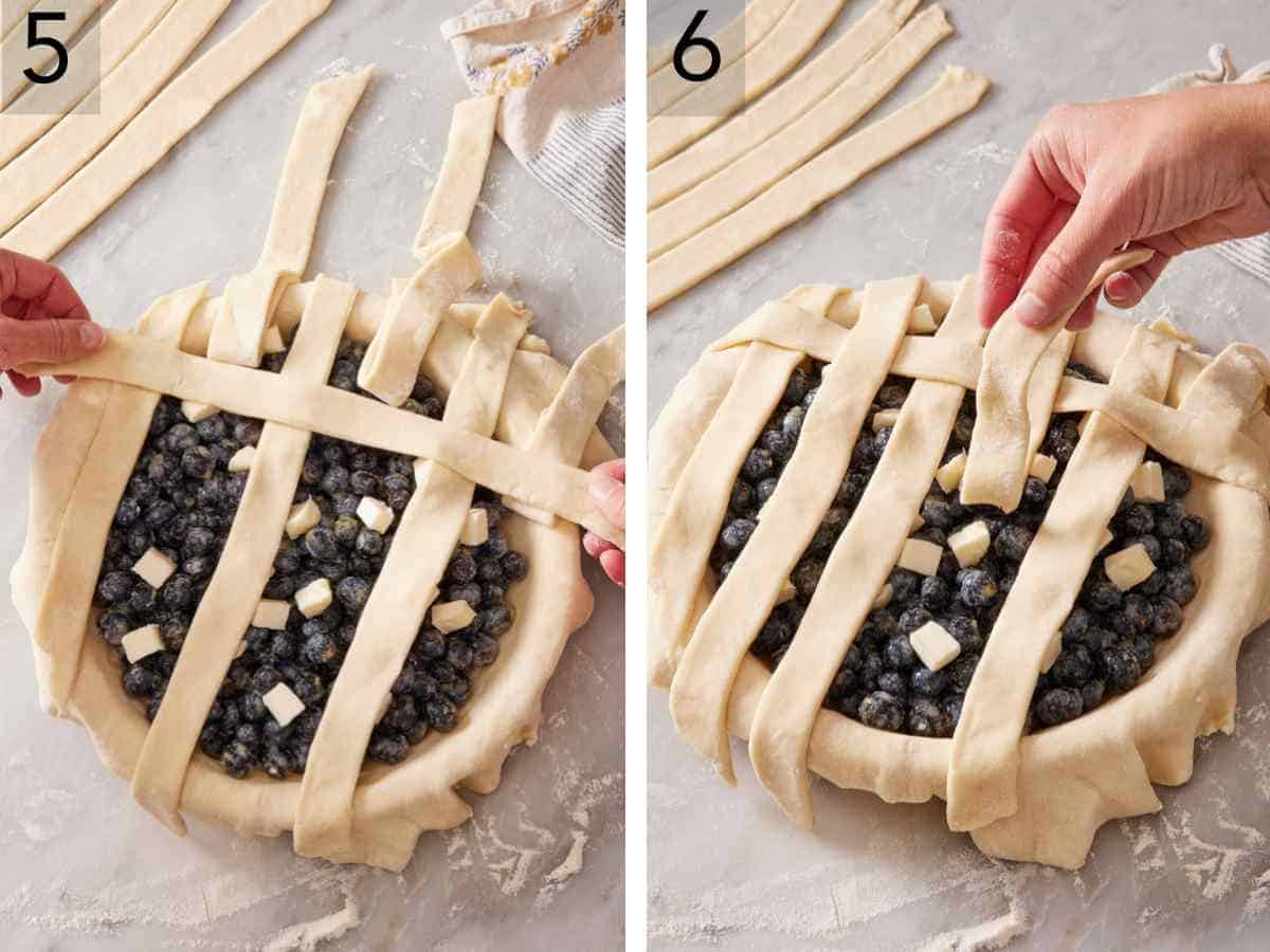 Set of two images showing strips of pie dough placed perpendicular, and the other strips folded back over.