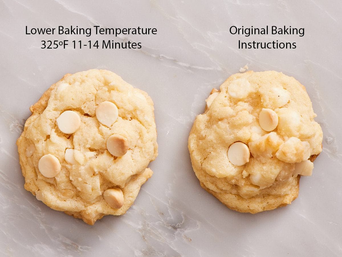 Two cookies side by side showing how they bake up at different temperatures.