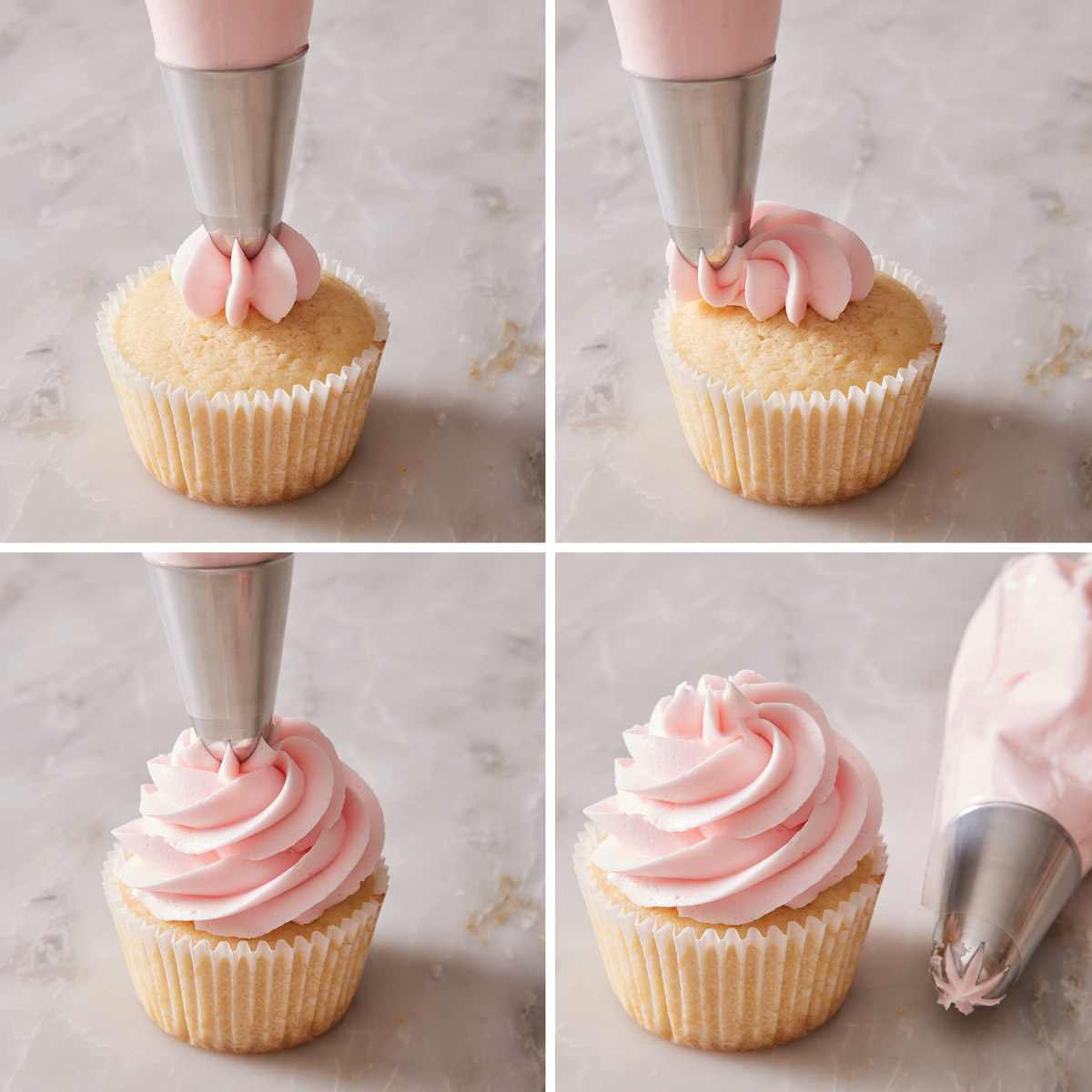 Set of four images showing how to do a classic swirl with a closed star tip.