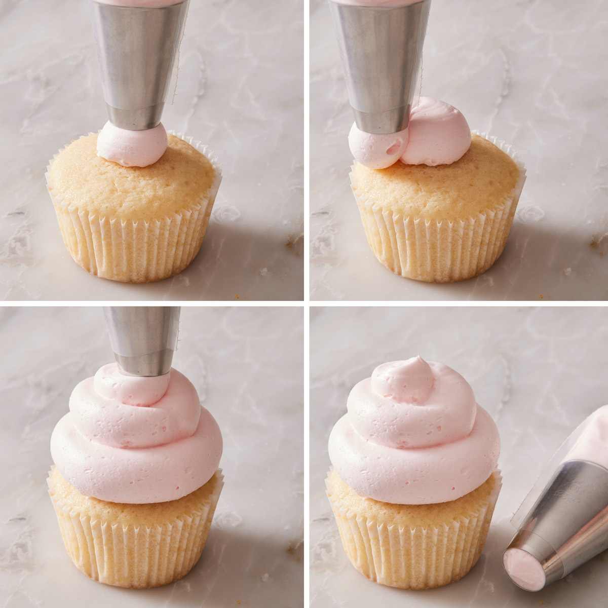 Set of four images showing how to do a classic swirl with a round tip.