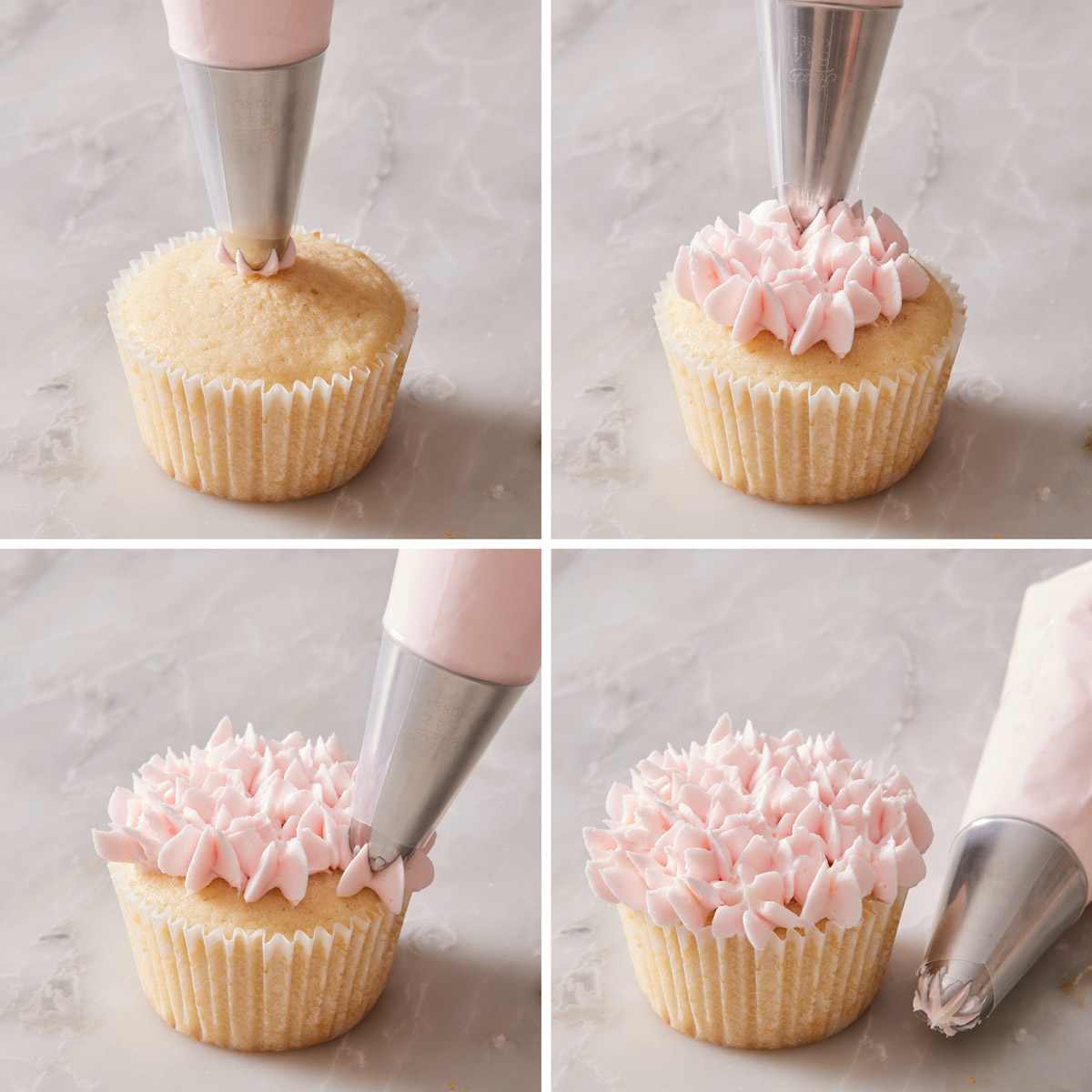 Set of four images showing how to do a hydrangea frosting.