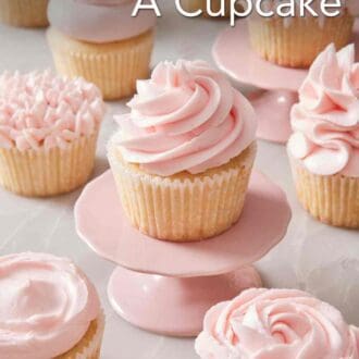 Pinterest graphic showing lots of cupcakes frosted in different styles.