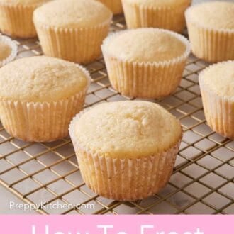 Pinterest graphic showing vanilla cupcakes on a wire cooling rack.