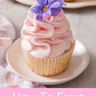Pinterest graphic showing a cupcake with pink frosting and an edible flower on top.