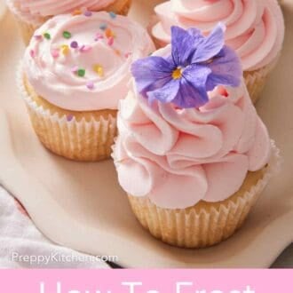 Pinterest graphic showing lots of frosted cupcakes on a platter.