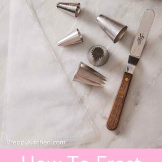 Pinterest graphic showing the equipment needed to frost cupcakes.