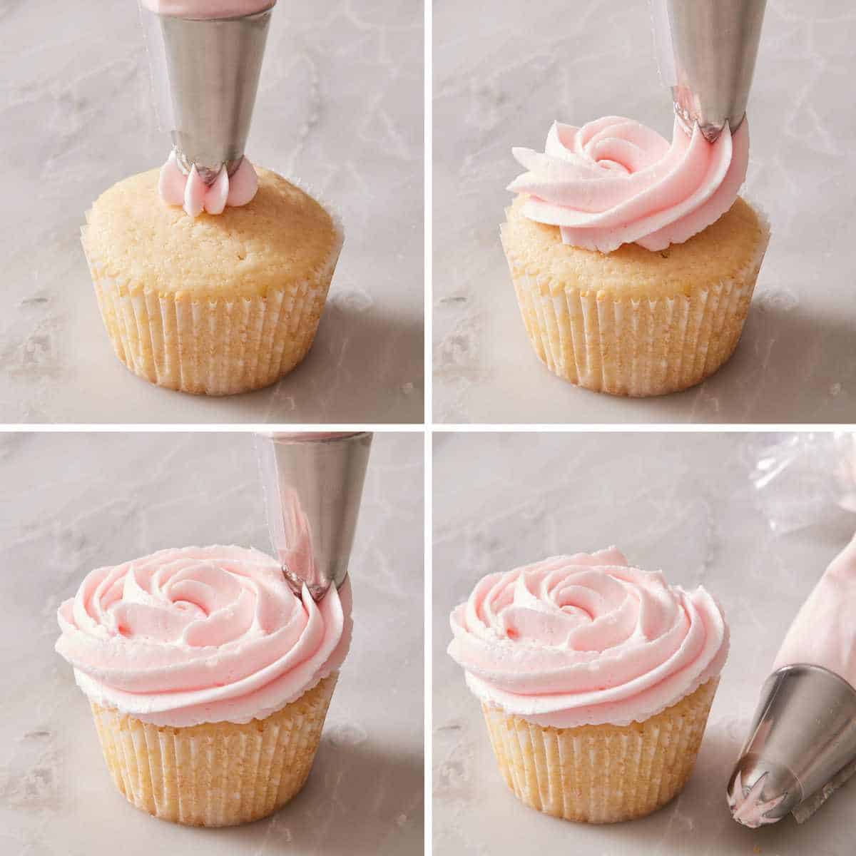 Set of four images showing how to do rosette frosting with a closed star tip.