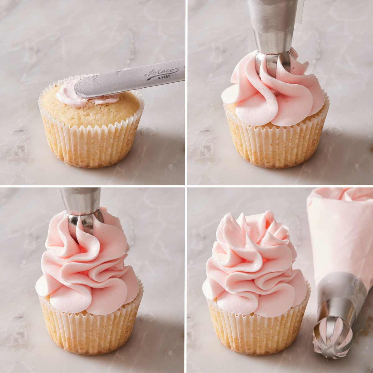 Set of four images showing how to do Russian ball tip frosting.
