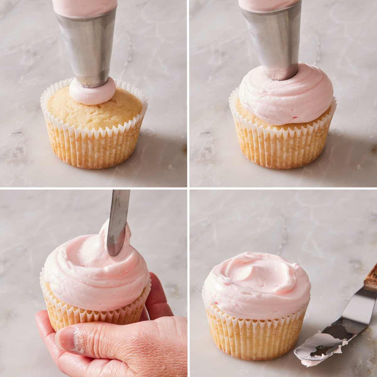 Set of four images showing cupcakes frosted with an offset spatula.