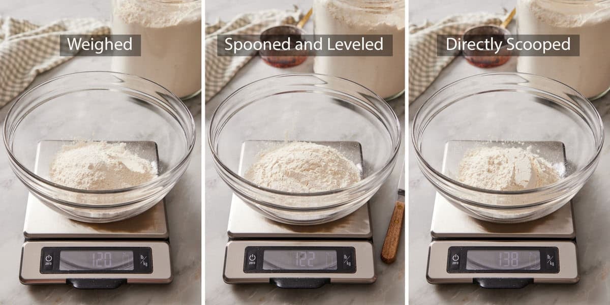 Set of three images showing how different flour measuring methods can change the weight of flour you use in a recipe.