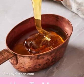 Pinterest graphic showing honey poured into a measuring cup.