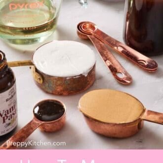 Pinterest graphic showing different wet ingredients in measuring cups.