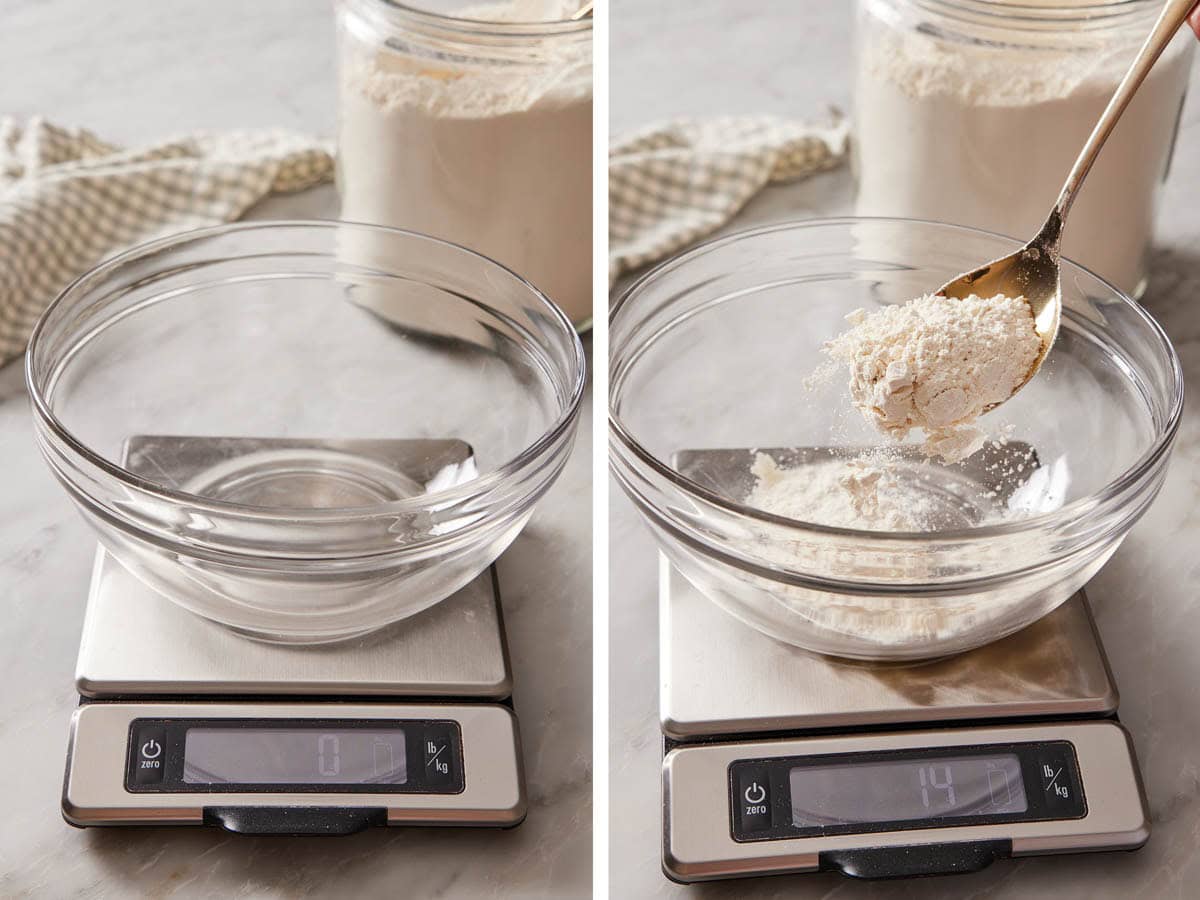 Twi images showing how to weigh flour on a kitchen scale.