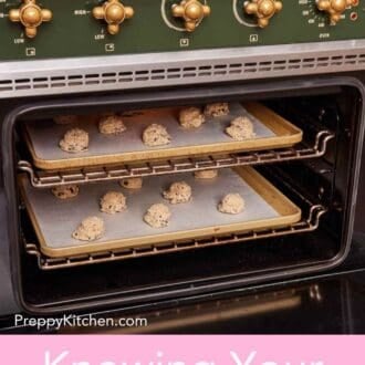 Pinterest graphic showing two baking trays with cookie dough balls in an oven.