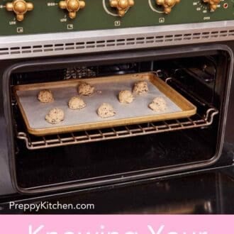Pinterest graphic showing cookie dough balls on a lined baking sheet in an oven.