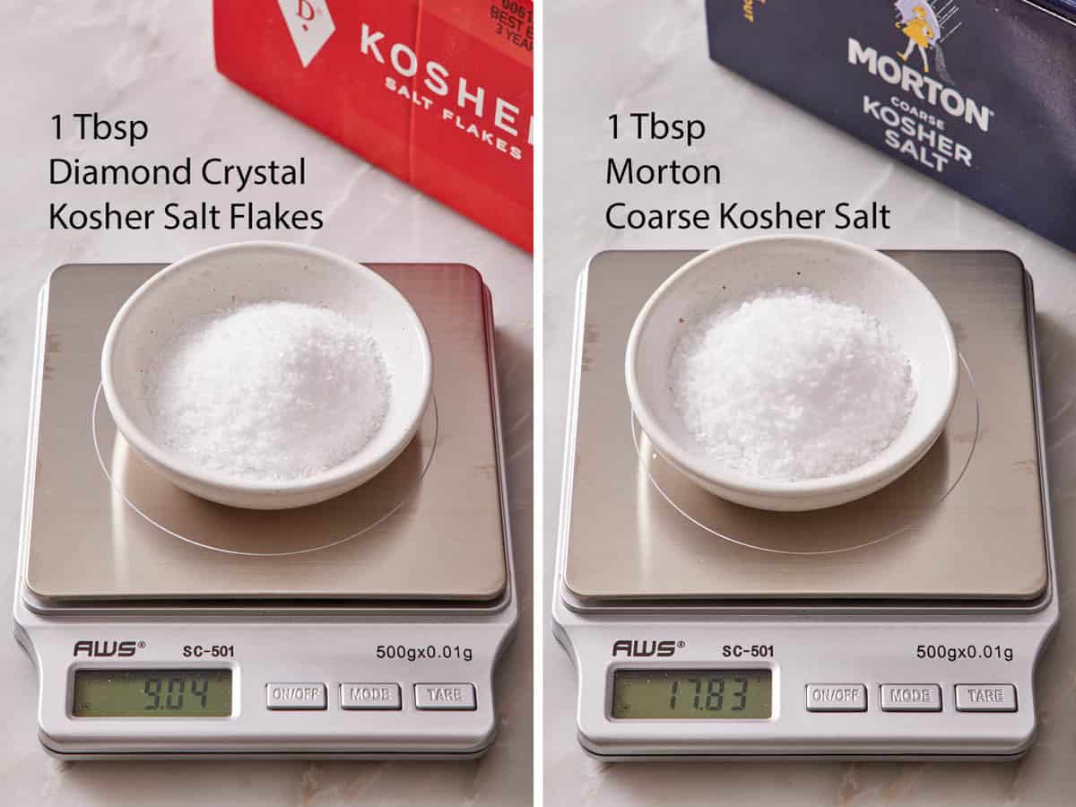 Set of two images showing the difference in weight between two different types of salt.