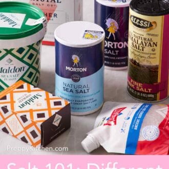 Pinterest graphic showing different brands of salt in containers.