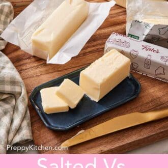 Pinterest graphic showing various brands of butter sticks on a wooden cutting board and marble countertop, with one stick on a butter dish with pats cut off and stacked next to it.