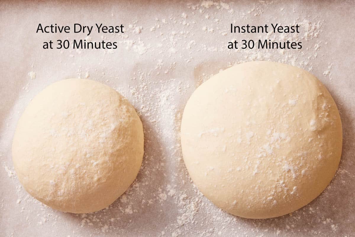 Comparison image showing the difference in dough rise after 30 minutes when using the different types of yeast.