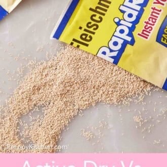 Pinterest graphic showing a close-up of a sachet of instant yeast opened and sprinkled on a counter.