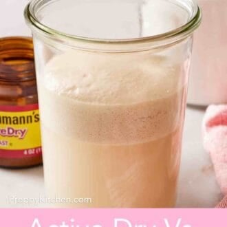 Pinterest graphic showing properly bloomed yeast in a glass vessel.