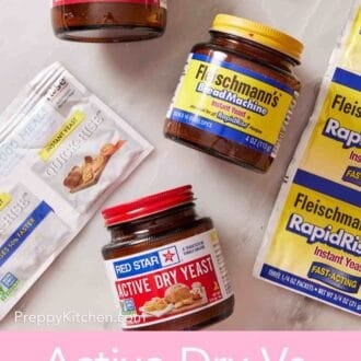 Pinterest graphic showing different types of yeast in jars and sachets on a marble counter.