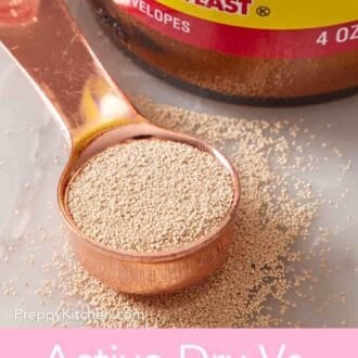 Pinterest graphic showing a close-up of active dry yeast in a measuring spoon with yeast sprinkled around it.
