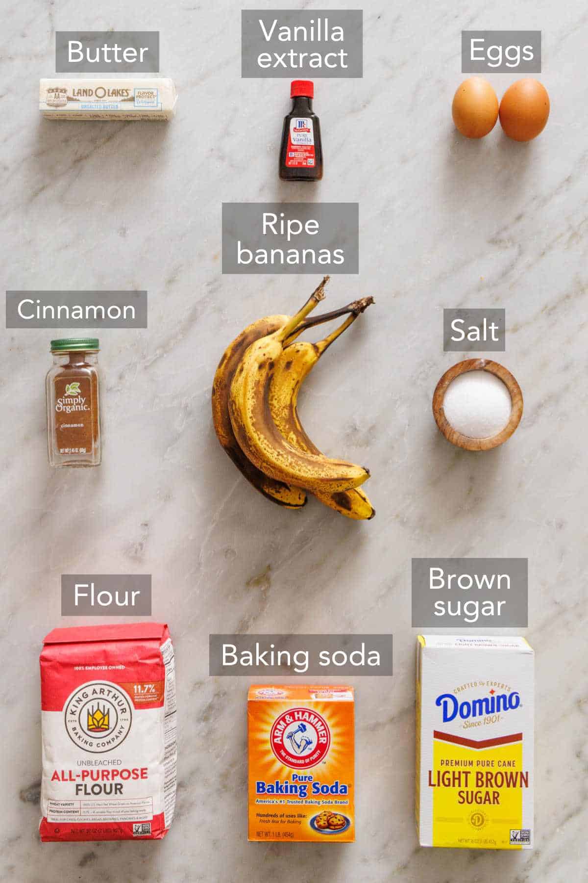 Ingredients for this banana bread recipe.