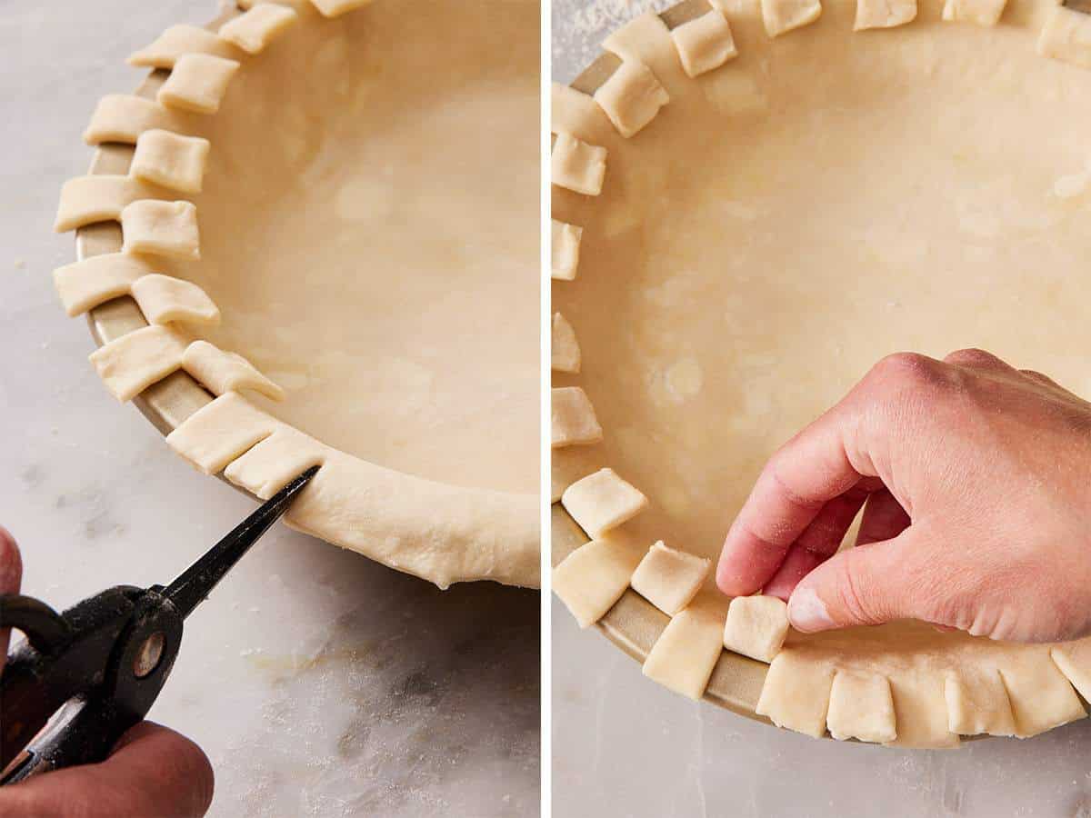 Set of two images showing how to create a checkerboard crimp.