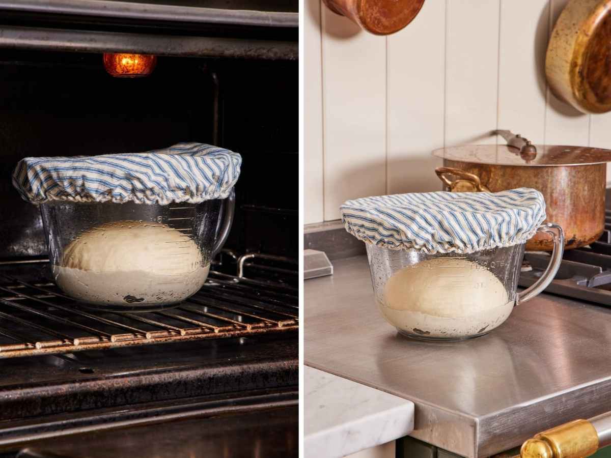 Two images showing bread dough proofing in warm spots (the oven turned off but with the light on, and next to the stove).