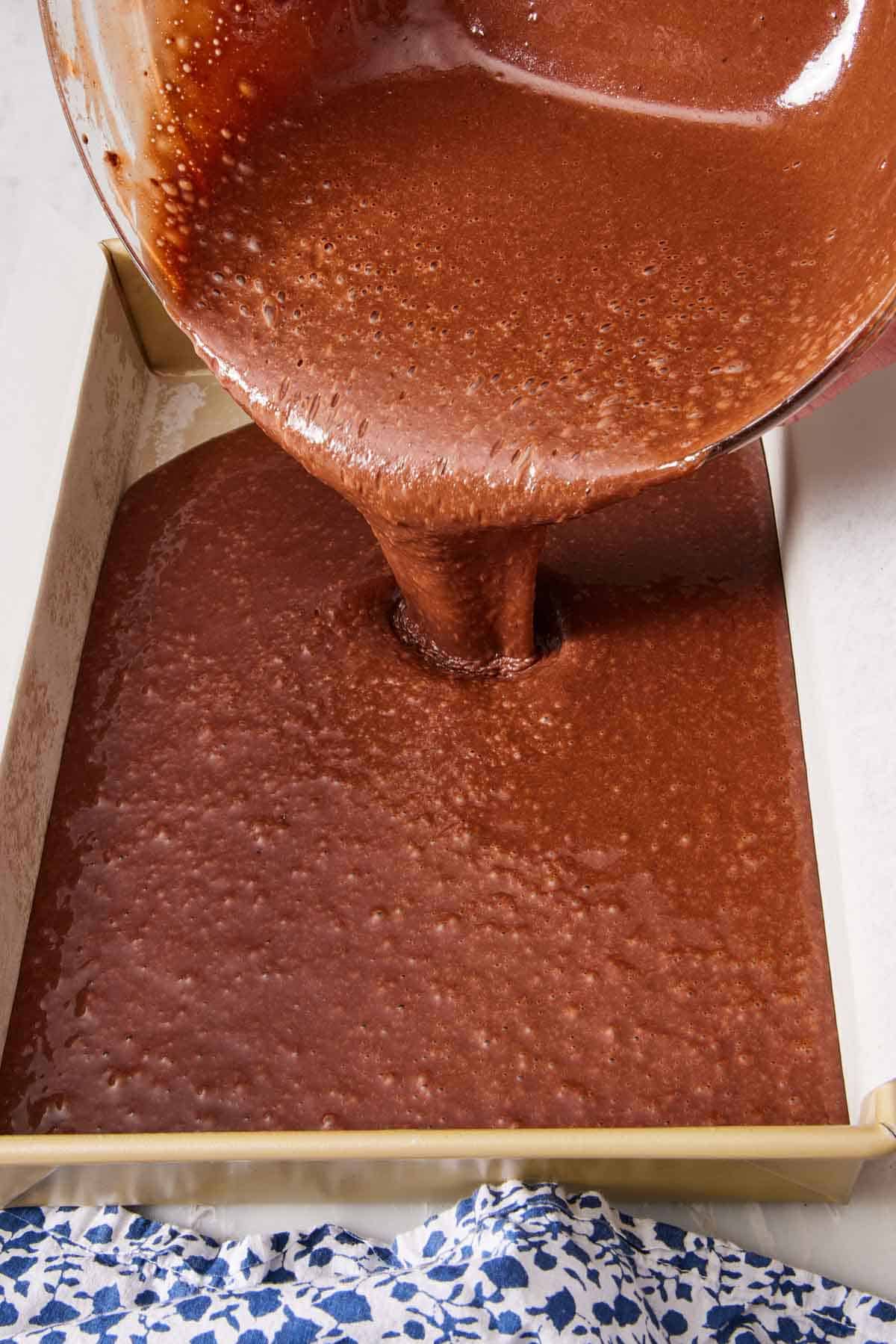 Batter poured into a lined baking pan.