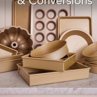 Pinterest graphic showing various baking pans on a marble counter.