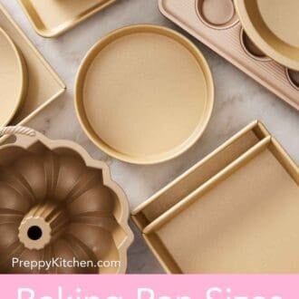 Pinterest graphic showing an overhead shot of various baking pans.