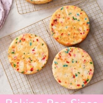 Pinterest graphic showing an overhead shot of baked funfetti cake layers of various sizes.