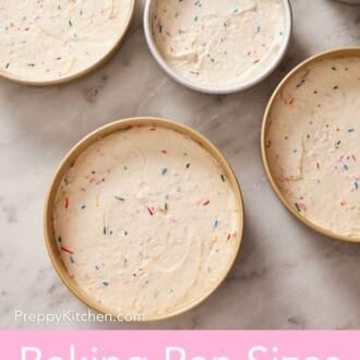 Pinterest graphic showing an overhead shot of funfetti cake batter scaled for different pan sizes.