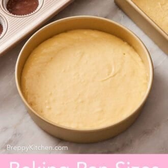 Pinterest graphic showing unbaked batter in different baking pans.